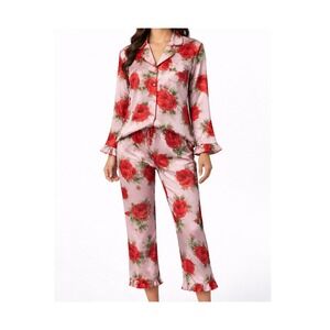 Their Nibs Rose Print Satin Pajama Set Size L Pink Red Lounge Sleepwear NWT